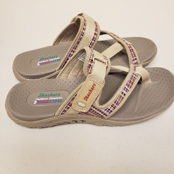 Skechers Women's Sandals Outdoor Lifestyle Size 9 Strappy Tan Slip On Flip Flop - Picture 2 of 9